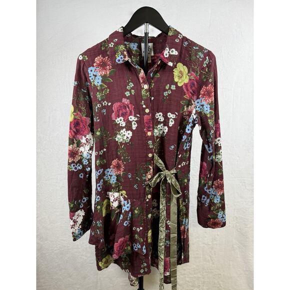 Ivy Jane Dresses & Skirts - Ivy Jane Women’s Tunic Shirt Dress Sz S Burgundy Floral Ruffled Velvet Tie